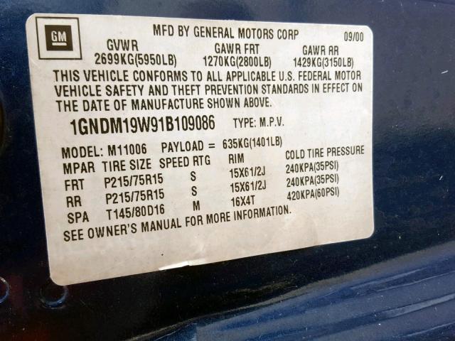 1GNDM19W91B109086 - 2001 CHEVROLET ASTRO BLUE photo 10