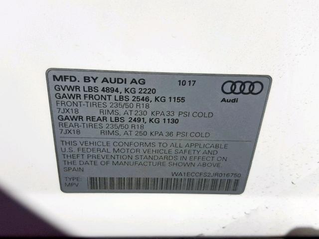 WA1ECCFS2JR016750 - 2018 AUDI Q3 PREMIUM WHITE photo 10