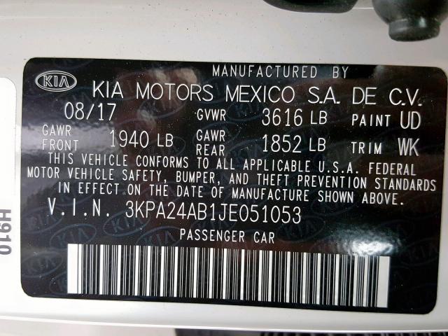 3KPA24AB1JE051053 - 2018 KIA RIO LX WHITE photo 10