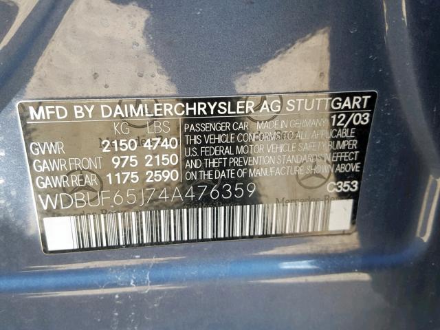 WDBUF65J74A476359 - 2004 MERCEDES-BENZ E 320 BLUE photo 10