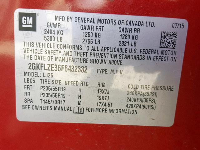 2GKFLZE36F6432332 - 2015 GMC TERRAIN DE RED photo 10