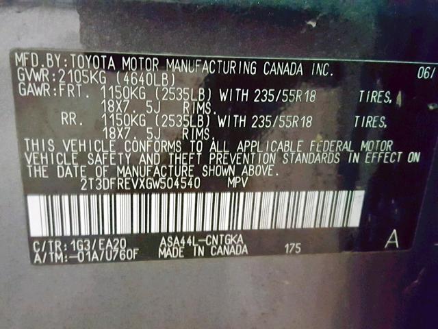 2T3DFREVXGW504540 - 2016 TOYOTA RAV4 LIMIT CHARCOAL photo 10