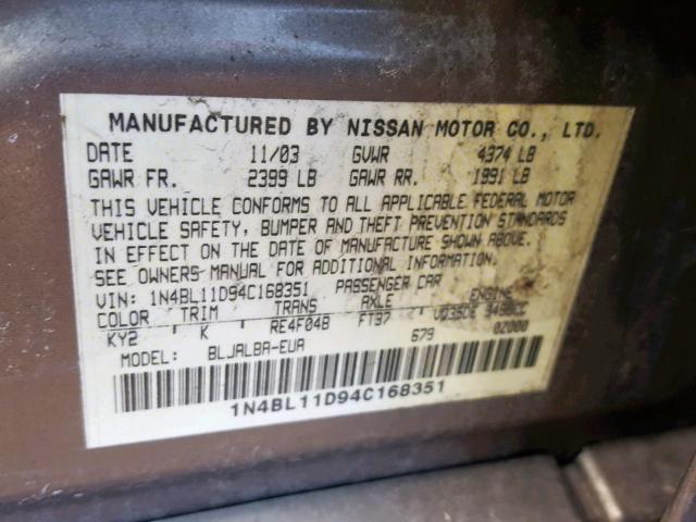 1N4BL11D94C168351 - 2004 NISSAN ALTIMA SE BROWN photo 10