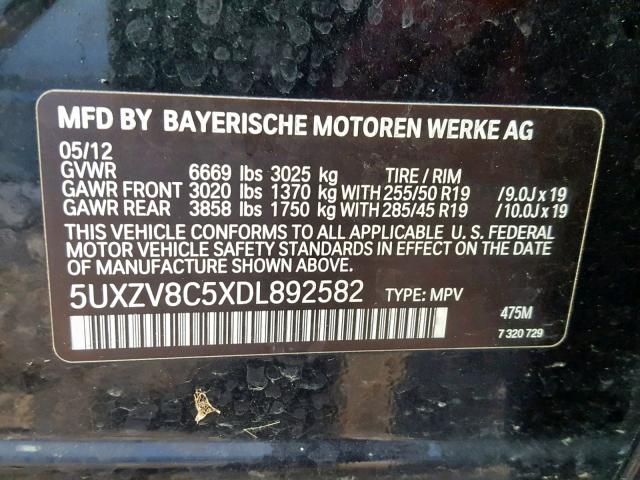 5UXZV8C5XDL892582 - 2013 BMW X5 XDRIVE5 BLACK photo 10