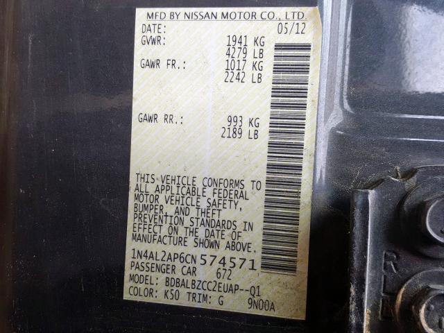 1N4AL2AP6CN574571 - 2012 NISSAN ALTIMA BASE  photo 10