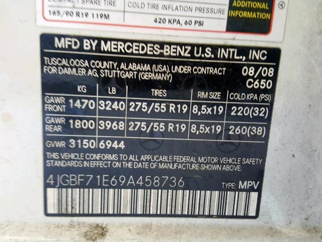 4JGBF71E69A458736 - 2009 MERCEDES-BENZ GL 450 4MA WHITE photo 10