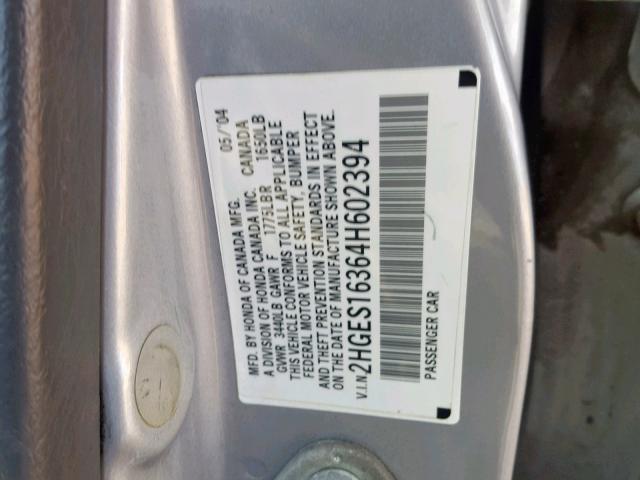 2HGES16364H602394 - 2004 HONDA CIVIC DX V SILVER photo 10