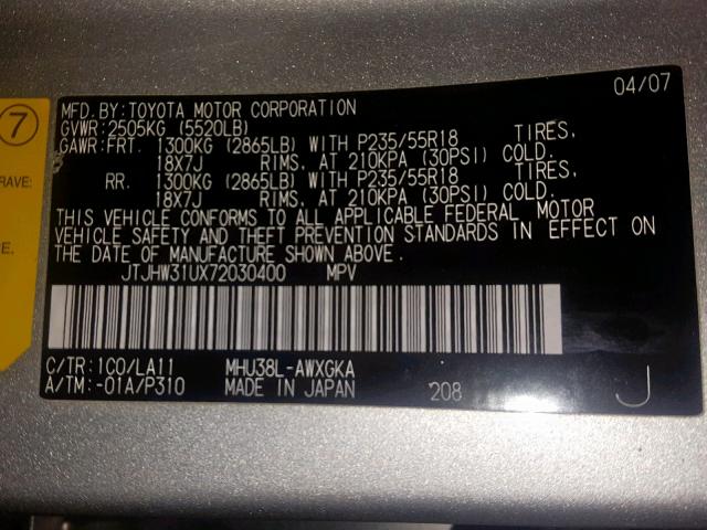 JTJHW31UX72030400 - 2007 LEXUS RX 400H SILVER photo 10