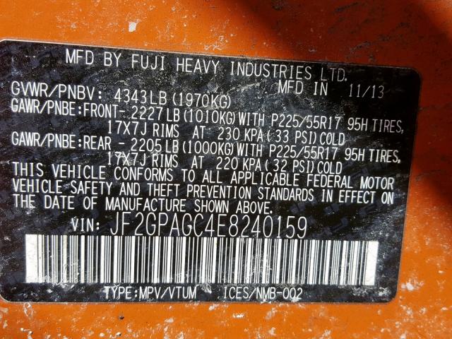 JF2GPAGC4E8240159 - 2014 SUBARU XV CROSSTR ORANGE photo 10