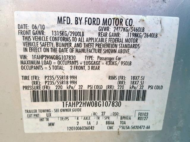 1FAHP2HW0BG107830 - 2011 FORD TAURUS SEL SILVER photo 10