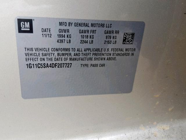 1G11C5SA4DF207727 - 2013 CHEVROLET MALIBU 1LT 金色 照片 10