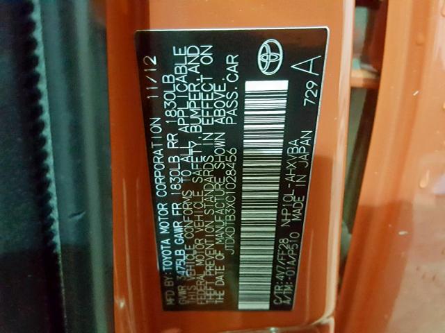 JTDKDTB3XC1028456 - 2012 TOYOTA PRIUS C ORANGE photo 10