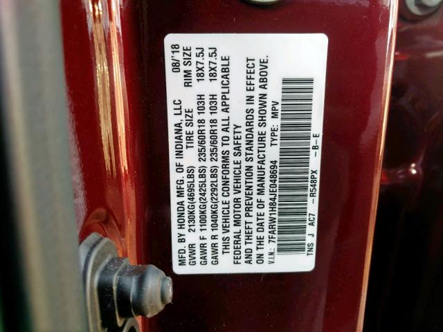 7FARW1H84JE048694 - 2018 HONDA CR-V EXL BURGUNDY photo 10