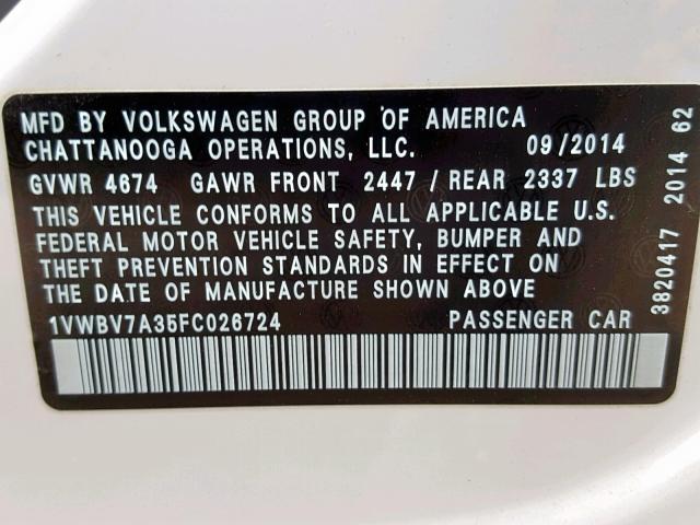 1VWBV7A35FC026724 - 2015 VOLKSWAGEN PASSAT SE WHITE photo 10