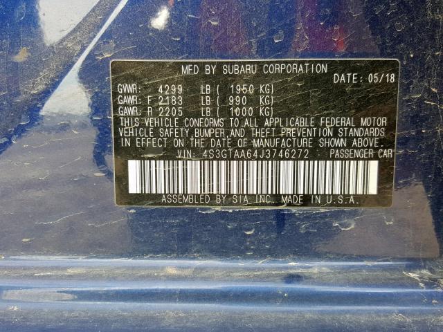 4S3GTAA64J3746272 - 2018 SUBARU IMPREZA BLUE photo 10