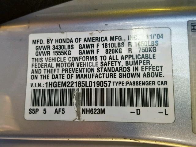 1HGEM22185L019057 - 2005 HONDA CIVIC DX V SILVER photo 10