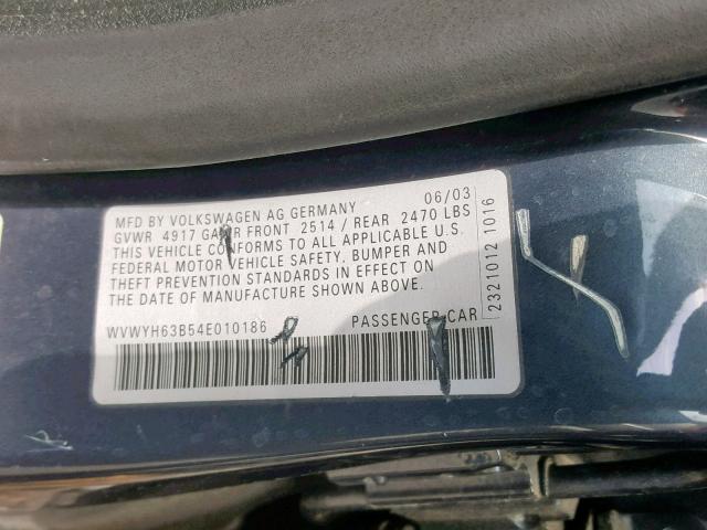 WVWYH63B54E010186 - 2004 VOLKSWAGEN PASSAT GLX 蓝色 照片 10