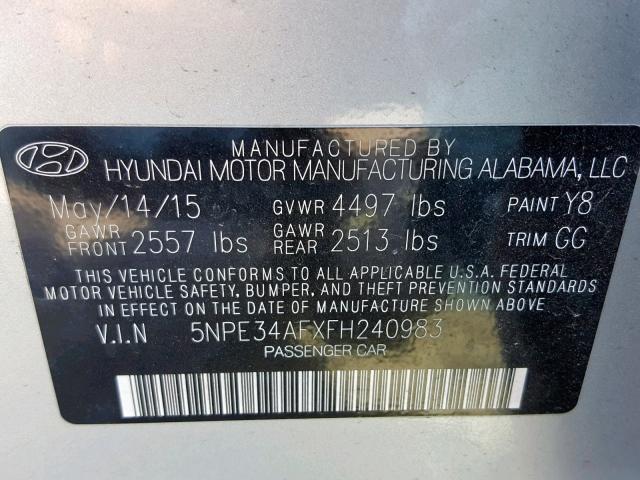 5NPE34AFXFH240983 - 2015 HYUNDAI SONATA SPO SILVER photo 10