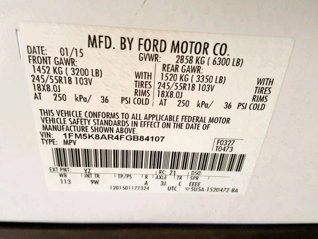 1FM5K8AR4FGB84107 - 2015 FORD EXPLORER P WHITE photo 10