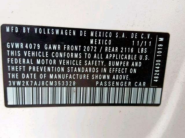 3VW2K7AJ8CM353328 - 2012 VOLKSWAGEN JETTA BASE WHITE photo 10