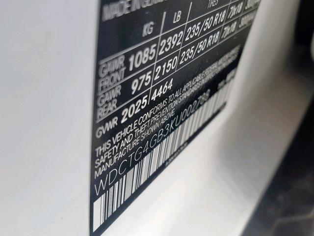WDCTG4GB3KU002788 - 2019 MERCEDES-BENZ GLA 250 4M WHITE photo 10