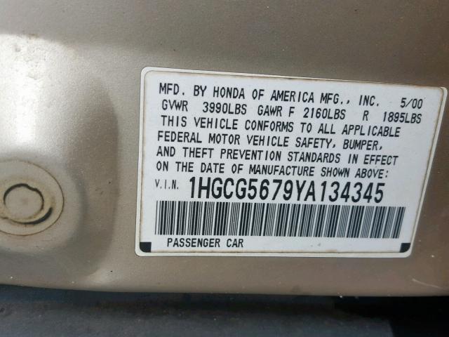 1HGCG5679YA134345 - 2000 HONDA ACCORD TAN photo 10