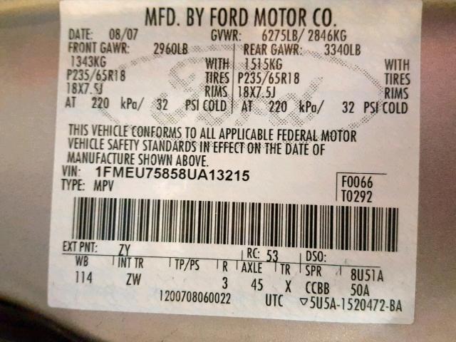 1FMEU75858UA13215 - 2008 FORD EXPLORER L SILVER photo 10