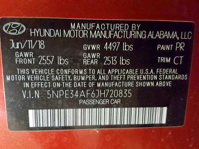 5NPE34AF6JH720835 - 2018 HYUNDAI SONATA SPO RED photo 10