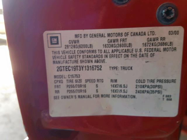 2GTEC19T3Y1316752 - 2000 GMC NEW SIERRA RED photo 10