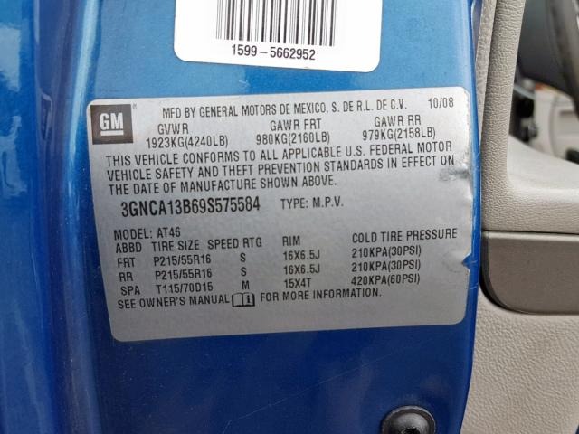 3GNCA13B69S575584 - 2009 CHEVROLET HHR LS BLUE photo 10