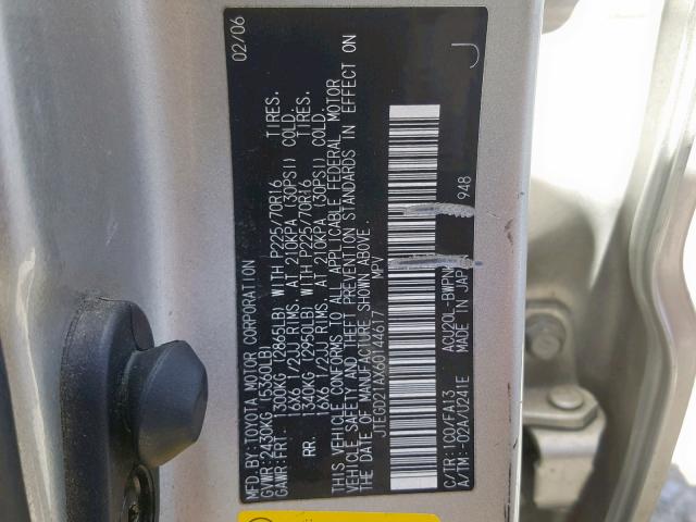 JTEGD21AX60144617 - 2006 TOYOTA HIGHLANDER SILVER photo 10