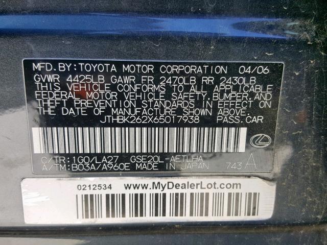 JTHBK262X65017938 - 2006 LEXUS IS 250 GRAY photo 10