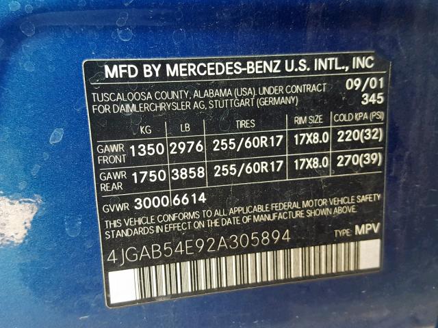 4JGAB54E92A305894 - 2002 MERCEDES-BENZ ML 320 BLUE photo 10