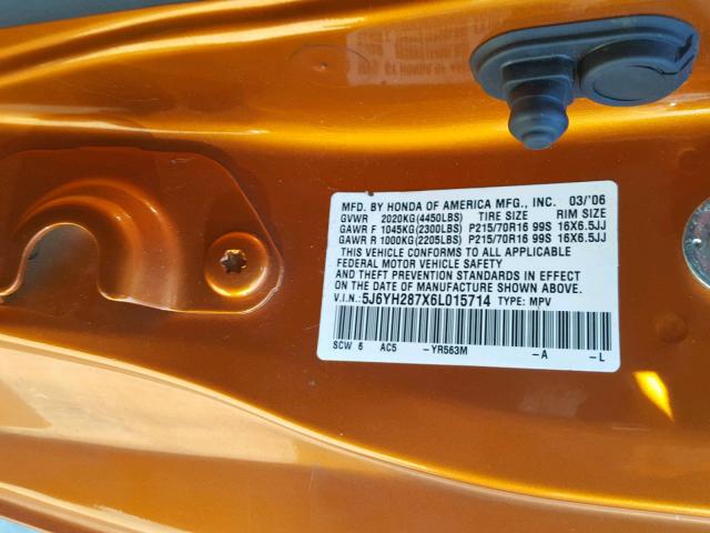 5J6YH287X6L015714 - 2006 HONDA ELEMENT EX ORANGE photo 10