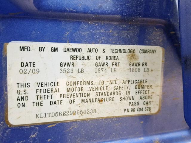 KL1TD56E29B659238 - 2009 CHEVROLET AVEO LS BLUE photo 10