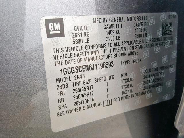 1GCGSCEN6J1198593 - 2018 CHEVROLET COLORADO L GRAY photo 10