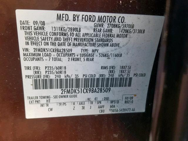 2FMDK51CX9BA28509 - 2009 FORD FLEX SE PURPLE photo 10