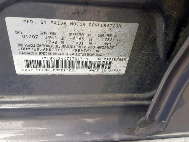 JM1BK324X71701718 - 2007 MAZDA 3 S GRAY photo 10