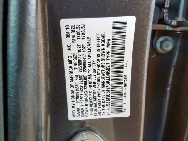 5J6RE3H70AL046627 - 2010 HONDA CR-V EXL GRAY photo 10