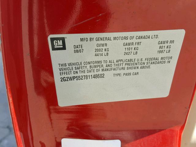 2G2WP552781148602 - 2008 PONTIAC GRAND PRIX 红色 照片 10