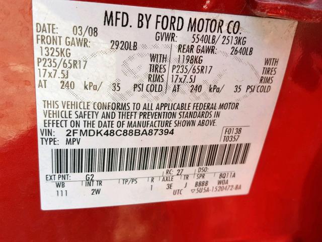 2FMDK48C88BA87394 - 2008 FORD EDGE SEL RED photo 10