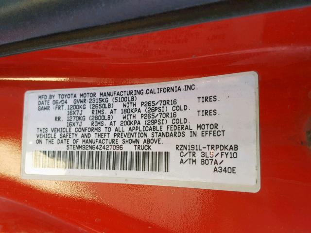 5TENM92N64Z427096 - 2004 TOYOTA TACOMA PRE RED photo 10