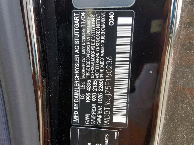 WDBTJ65J75F150236 - 2005 MERCEDES-BENZ CLK 320C BLACK photo 10