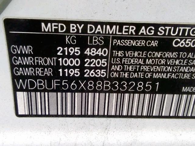 WDBUF56X88B332851 - 2008 MERCEDES-BENZ E 350 WHITE photo 10