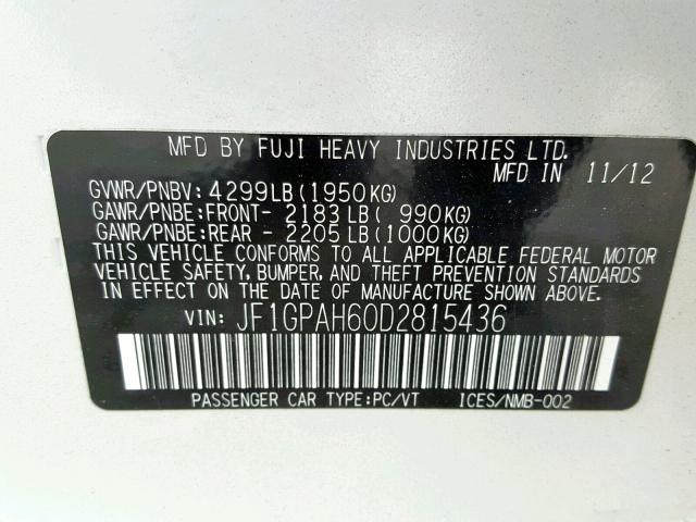 JF1GPAH60D2815436 - 2013 SUBARU IMPREZA LI WHITE photo 10