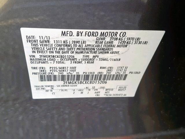 2FMGK5BCXCBD15206 - 2012 FORD FLEX SE GRAY photo 10