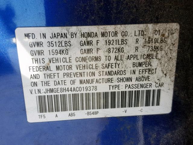 JHMGE8H44AC019378 - 2010 HONDA FIT SPORT BLUE photo 10