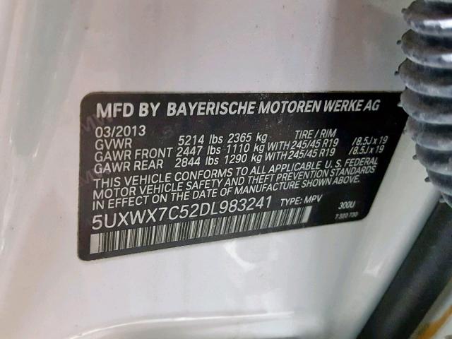 5UXWX7C52DL983241 - 2013 BMW X3 XDRIVE3 WHITE photo 10