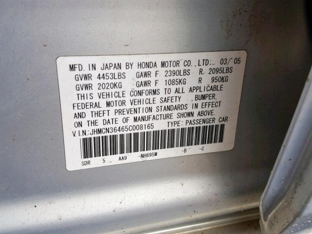 JHMCN36465C008165 - 2005 HONDA ACCORD HYB GRAY photo 10