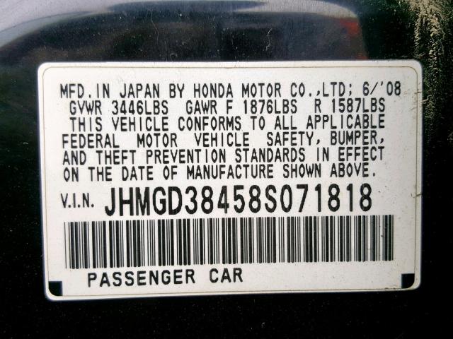 JHMGD38458S071818 - 2008 HONDA FIT BLACK photo 10